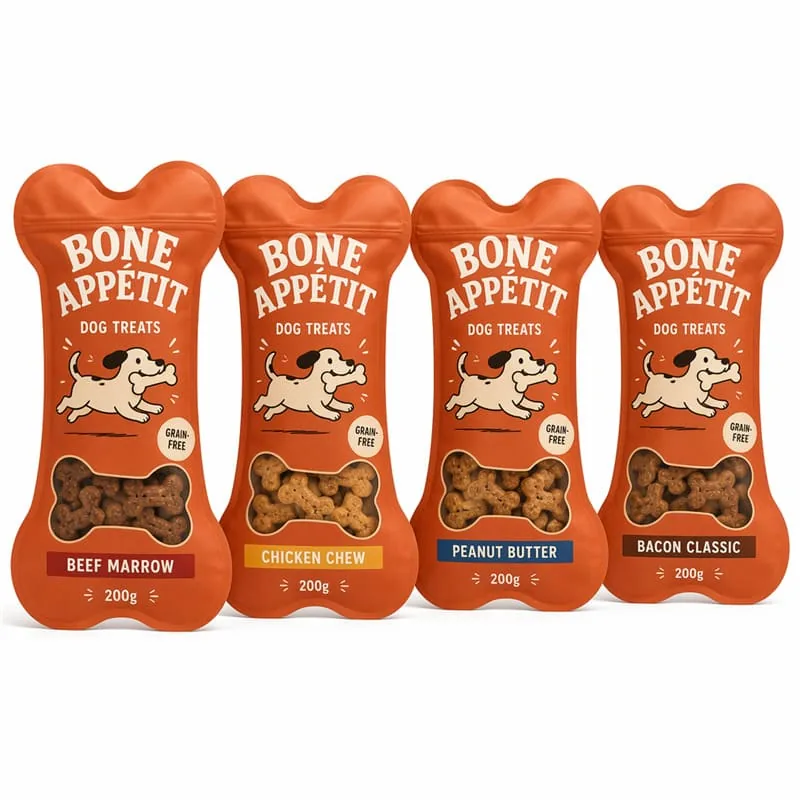Custom Bone Shape Dog Treat Plastic Bag Bone Window Resealable Zip Stand up Pouch Die Cut Pet Food Packaging Bag for Happy Dog